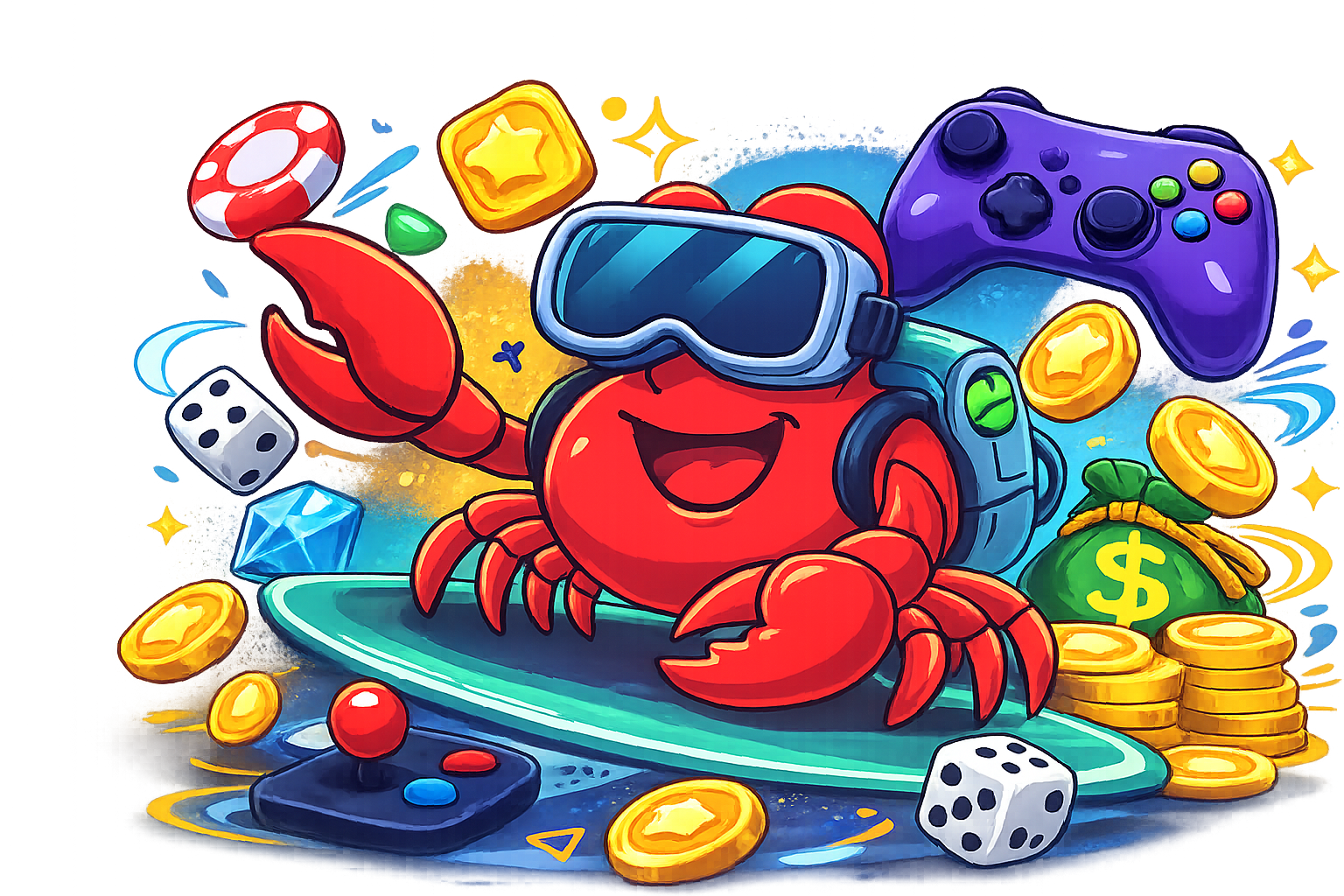 Catuma branded game mascot - gamer crab character wearing headphones and holding a game controller, surrounded by playful game elements like coins, stars, and confetti